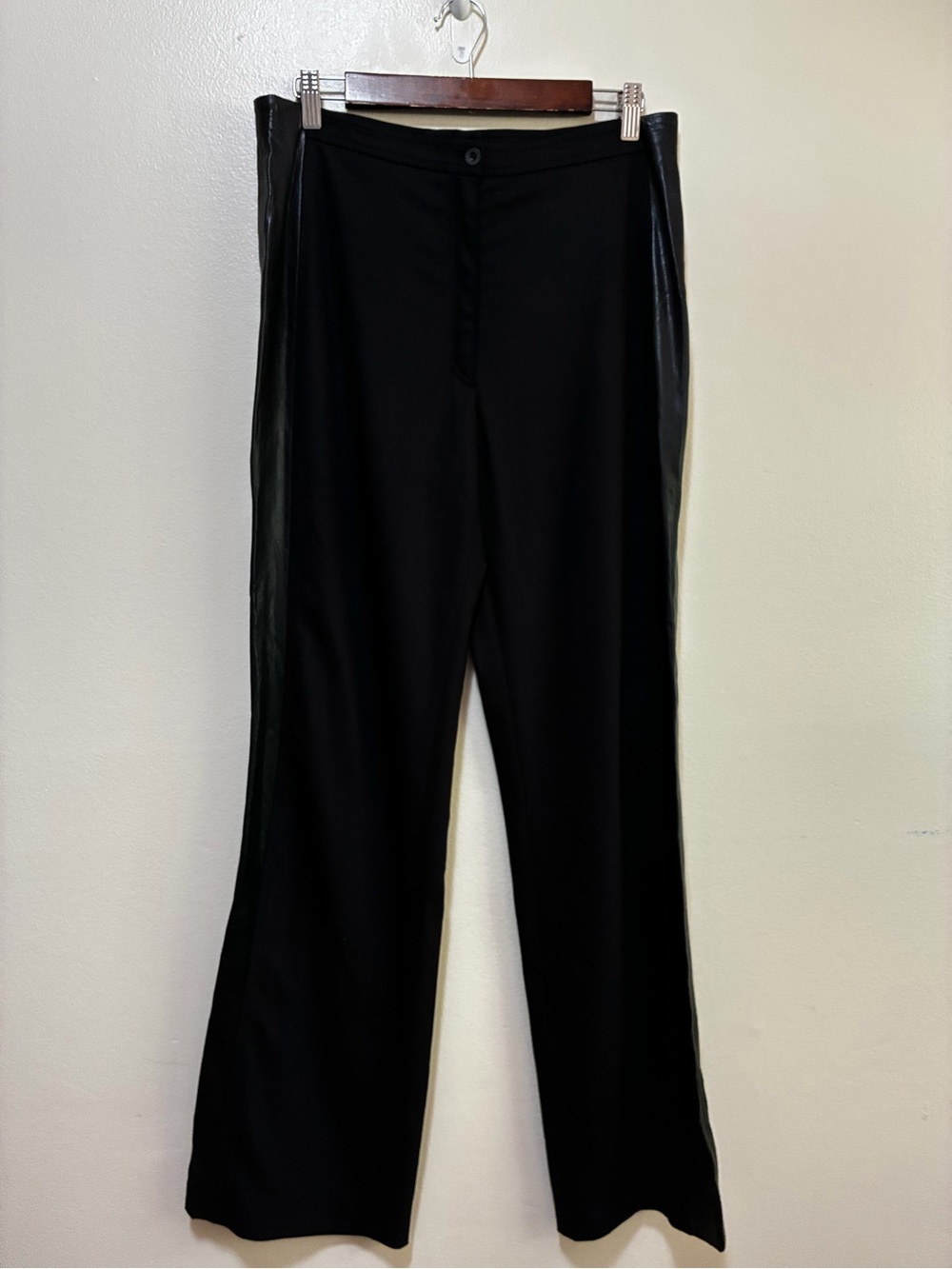 Escada Black Wool Silk Trousers with Faux leather side panels size size 42US 12